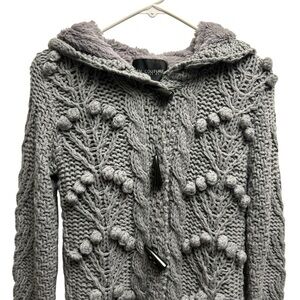 MM Couture Gray Chunky Knit Toggle Cardigan with Soft Faux Fur Hoodie